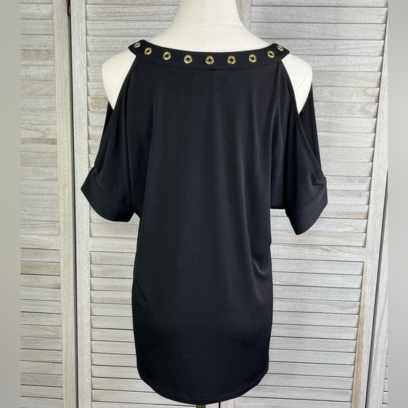 MICHAEL (Michael Kors) Cold Shoulder Blouse w Gold Grommet V Neckline Black-M - Picture 3 of 4
